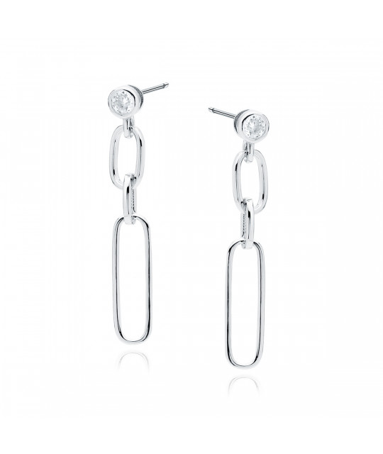 Silver earrings with white zirconia, Three chain links