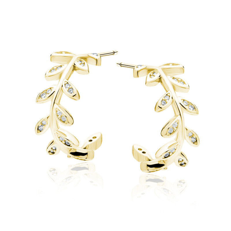 Gold-plated silver earrings with white zircons, Leafs