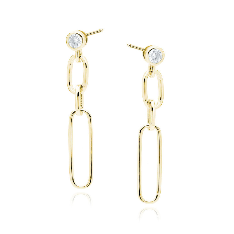 Gold-plated silver earrings with white zirconia, Three chain links