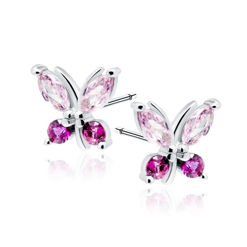 Silver earrings with pink zircons, Butterfly