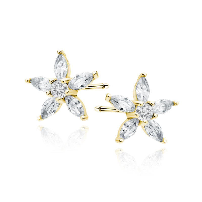 Gold-plated silver earrings, Flower with pink zirconia