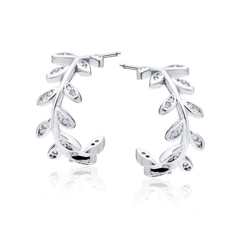 Silver earrings with white zircons, Leafs