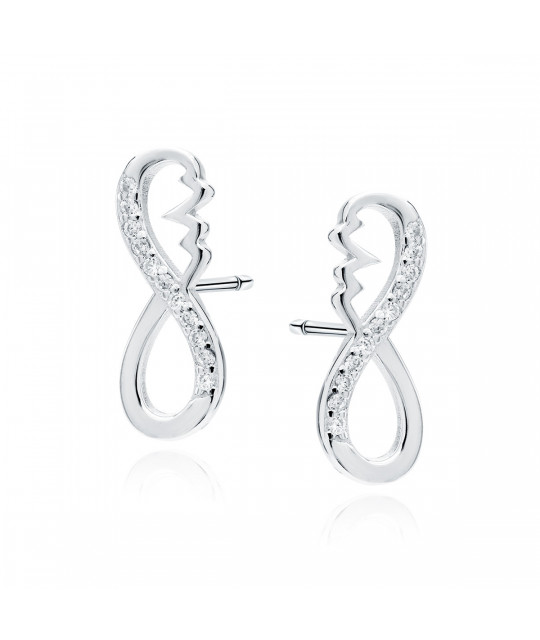 Silver earrings white zircons, Infinity sign with pulse